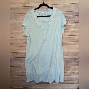 Earth Angels XL Light Blue Waffle Knit Sleep Shirt Nightgown Lace Trim Floral Em